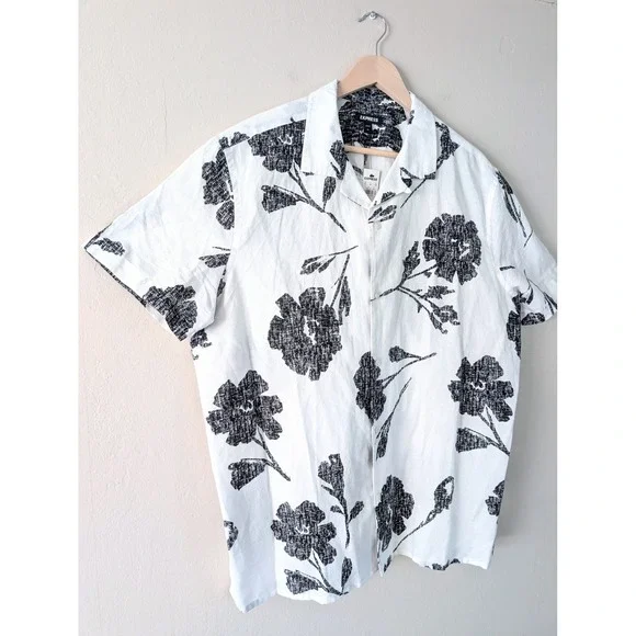 Express Mens White Floral Print Short Sleeve Shirt Vacation Beach Resort XL NWT - Picture 3 of 8